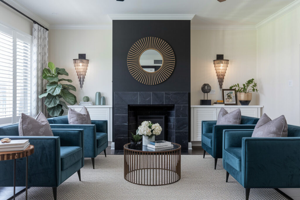 Art Deco style living room with cream walls, black fireplace, dark blue velvet armchairs, and Art Deco style wall sconces