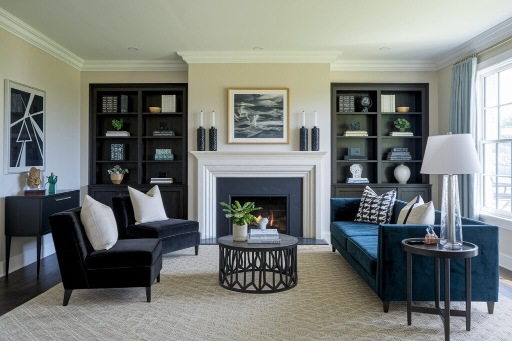 Art Deco style living room with fireplace, black velvet chairs and dark blue velvet sofa, black built-in shelving
