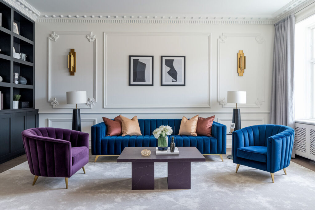 Art Deco style living room with white walls and moldings, blue channel tufted velvet sofa, purple and blue armchairs