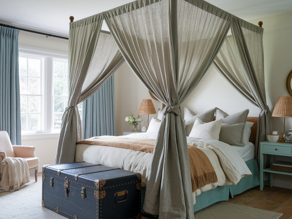 bohemian style bedroom has a canopy bed with sheer linen curtains and vintage trunk