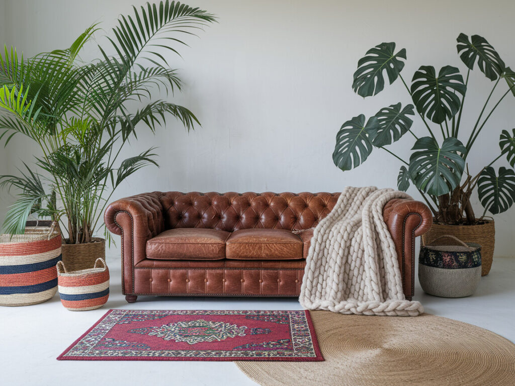 bohemian style living room with a large distressed leather sofa, round jute area rug with a colorful rug on top