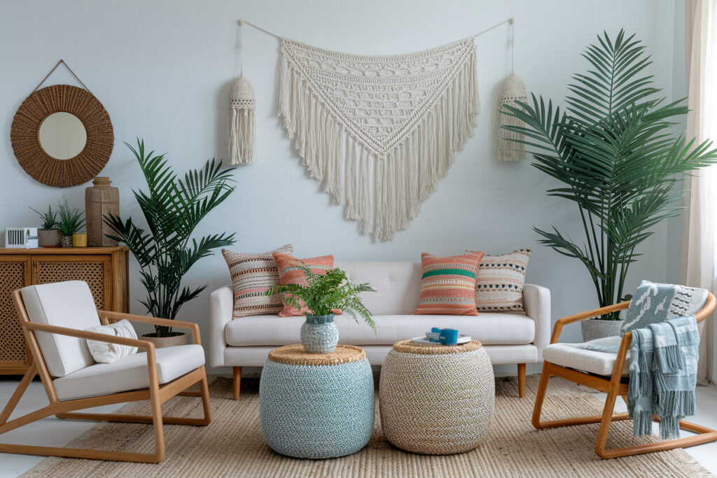 boho style living room with patterned pillows, macrame wall hanging, jute area rug, and houseplants