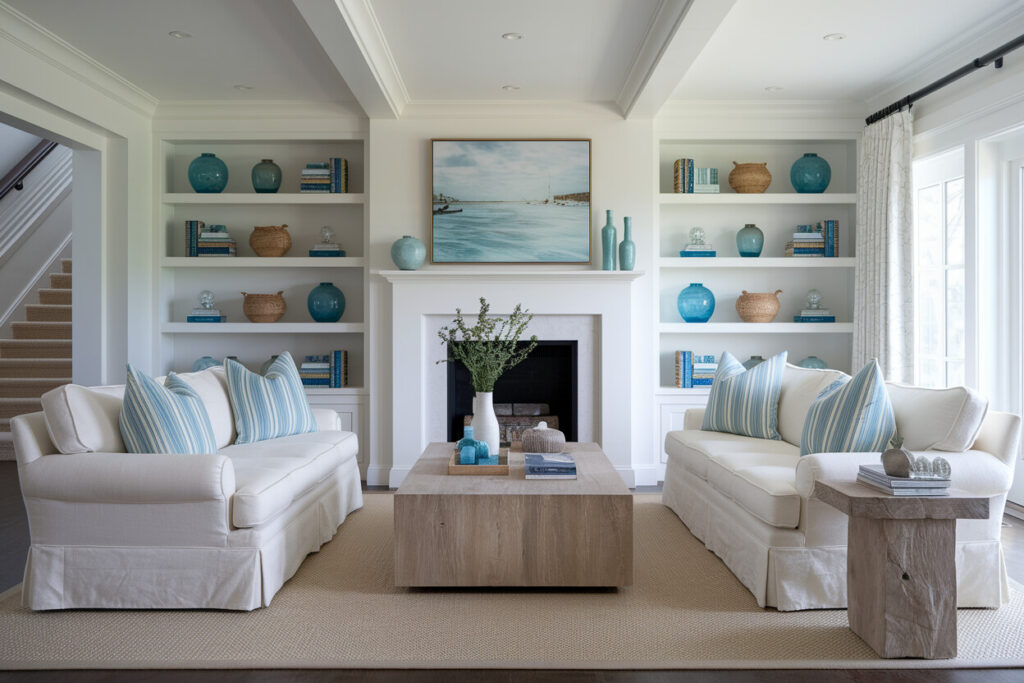 coastal living room with white walls and fireplace, slipcovered sofas, lightwood coffee table and side table, blue decor