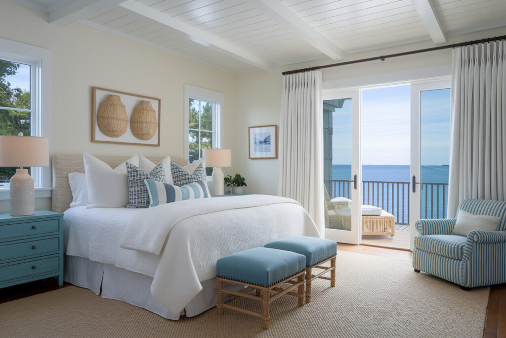 coastal style bedroom with cream walls, white bedding, striped accent pillow, and water view