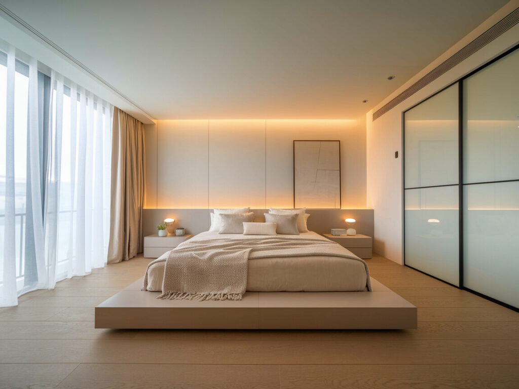 contemporary style bedroom with neutral color palette of warm beige and white, low-profile platform bed