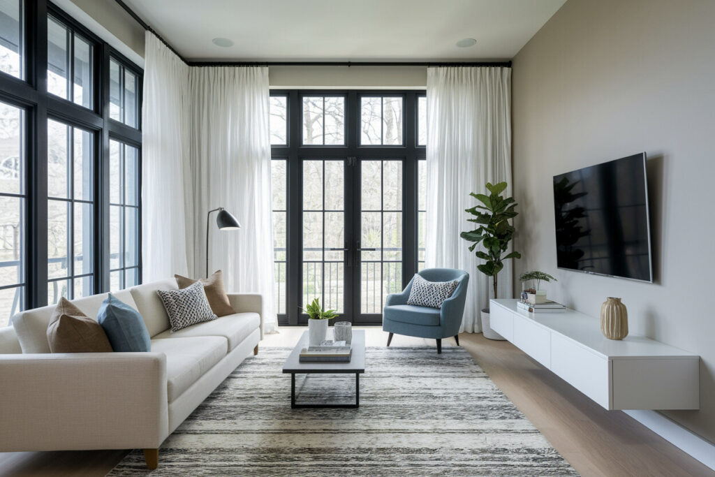 contemporary style living room with black windows, light color couch, muted blue accent chair, and a white floating TV stand