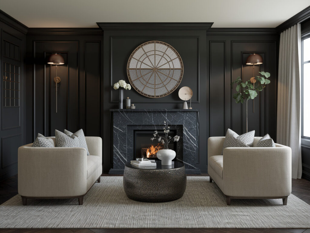 dark Art Deco style living room with black walls and marble fireplace, light gray curved armchairs, metal coffee table and wall sconces