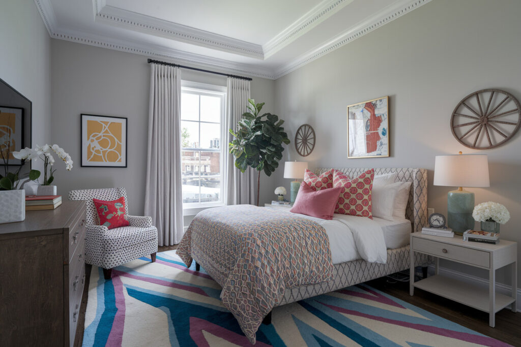 eclectic style bedroom with light gray walls and colorful area rug