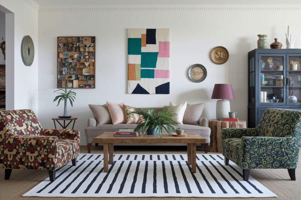 eclectic style living room with white walls, black and white area rug, armchairs with different upholstery pattern