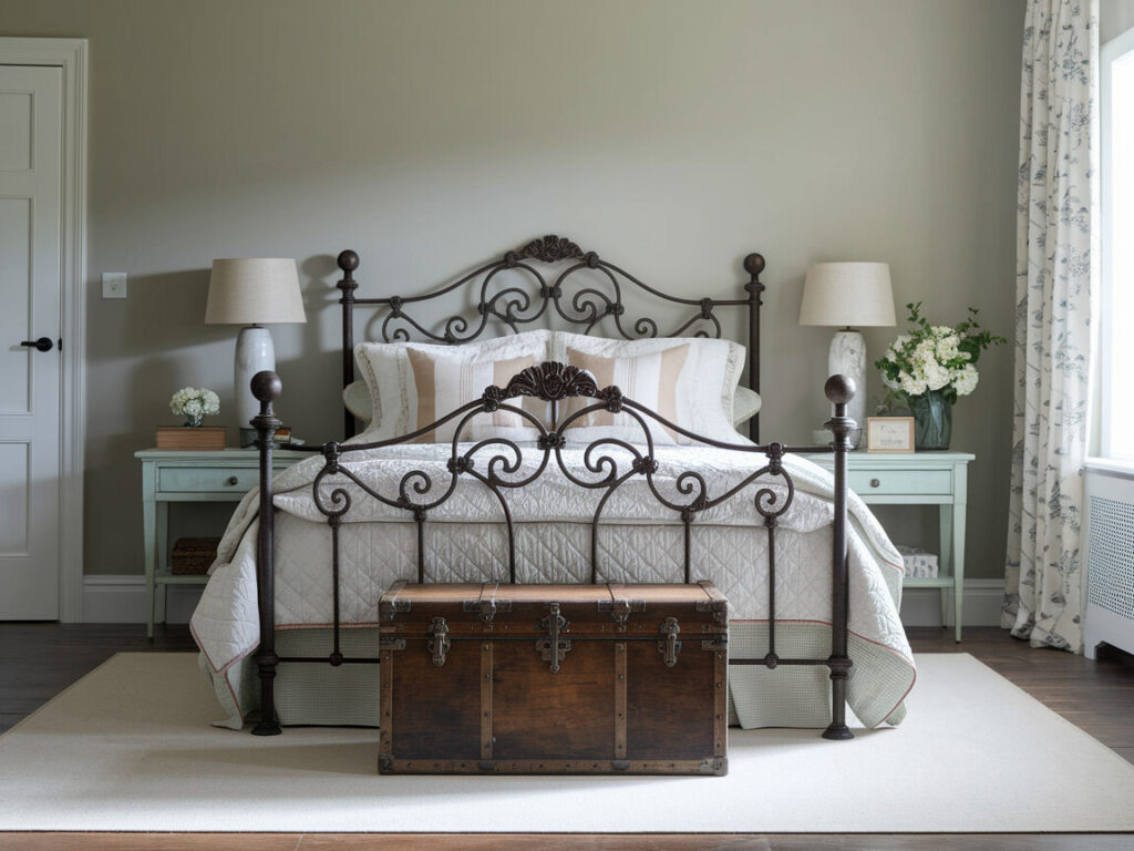 French country style bedroom with an ornate iron bed frame, layered quilts, and a vintage wooden trunk