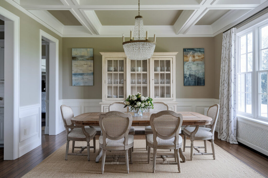 French country style dining room with a cream china cabinet, wooden dining table, distressed chairs with rattan back
