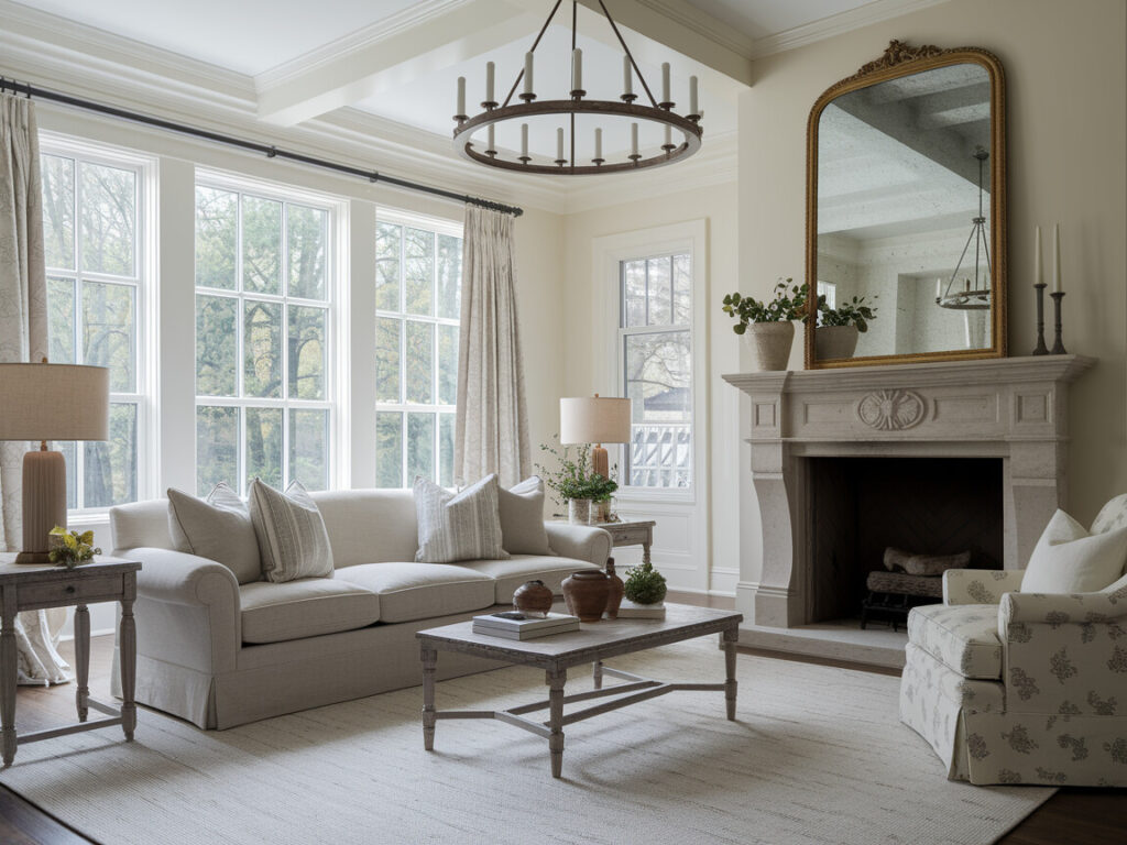 French country style living room with a rolled arms sofa near a stone fireplace and wrought iron chandelier