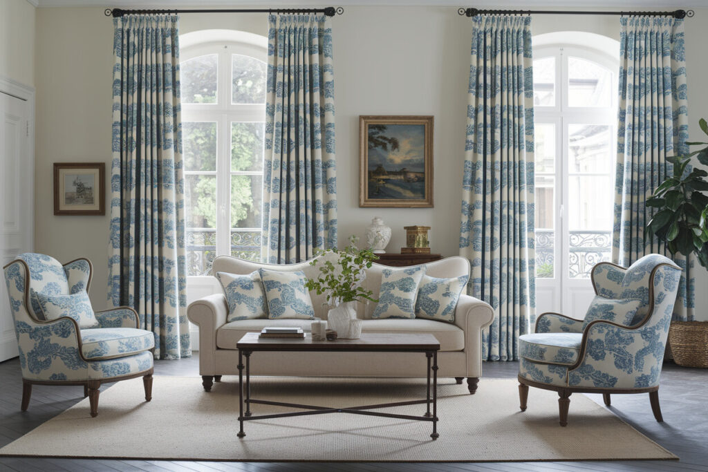 French country style living room with Toile de Jouy curtains, pillows, and armchairs. Curved beige sofa