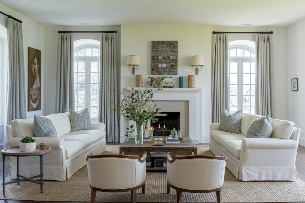 French country style living room with white walls, fireplace, cream slipcovered sofas with gray pillows, curved armchairs