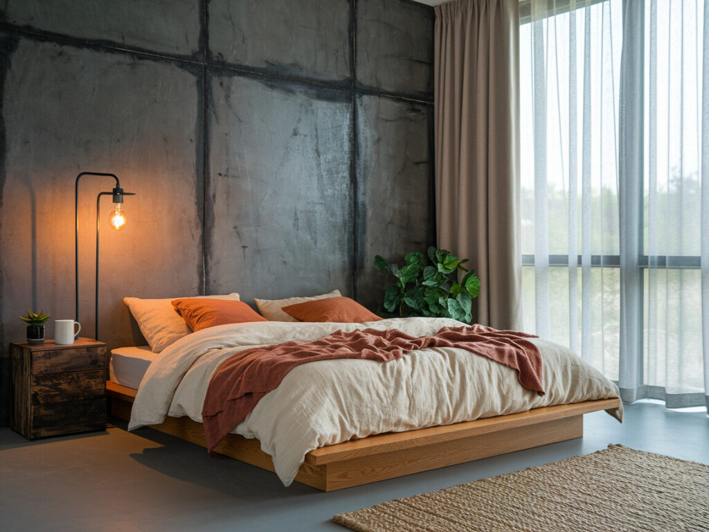 industrial style bedroom with a concrete wall behind the low oak platform bed, black metal floor lamp with an exposed bulb