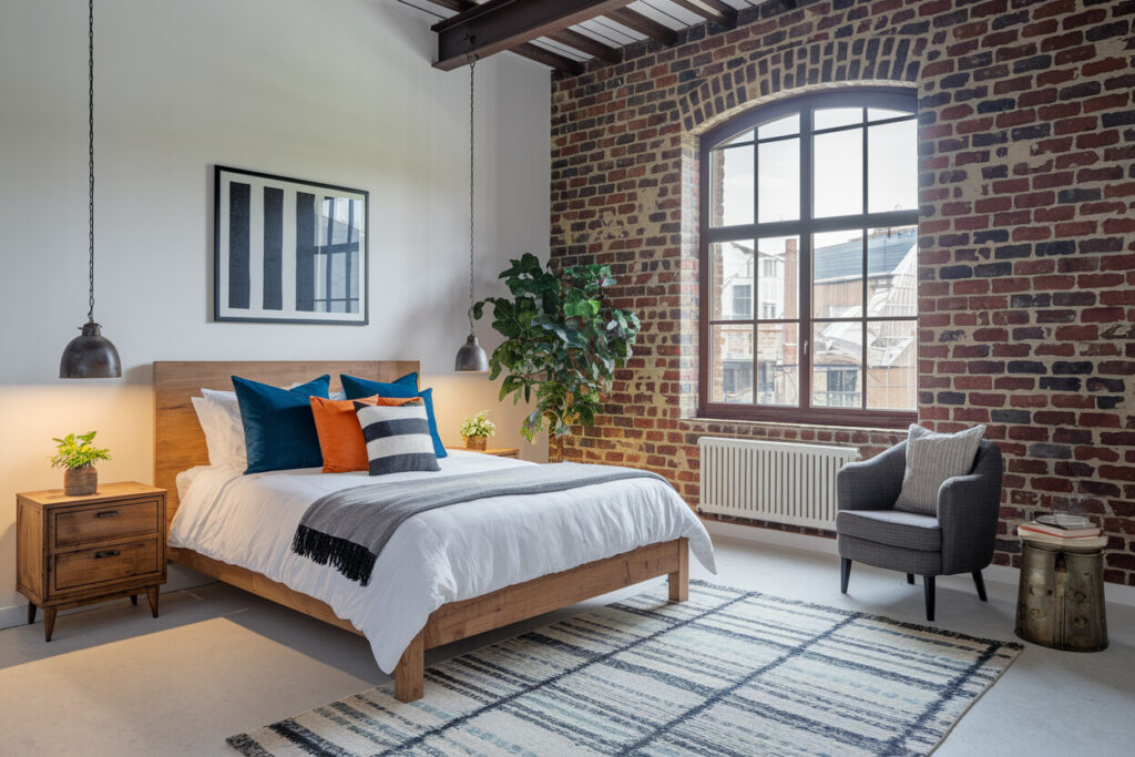 industrial style bedroom with an exposed brick wall, wooden bed with blue and orange pillows, metal pendant lights