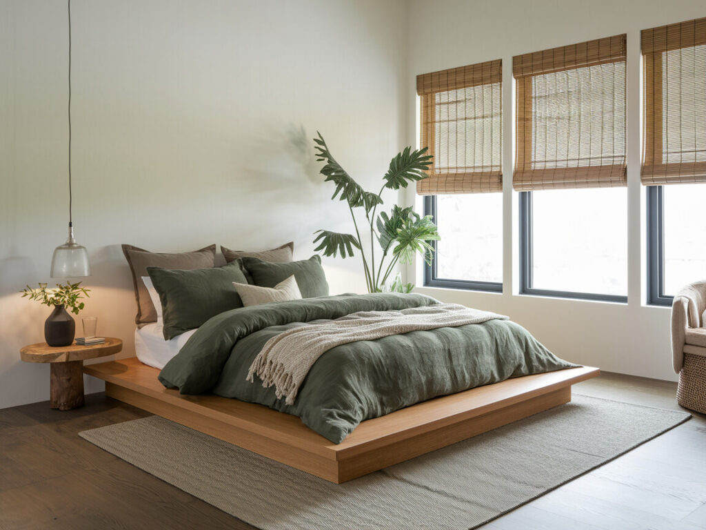 Japandi style bedroom with wooden platform bed, linen bedding in forest green and taupe, bamboo shades
