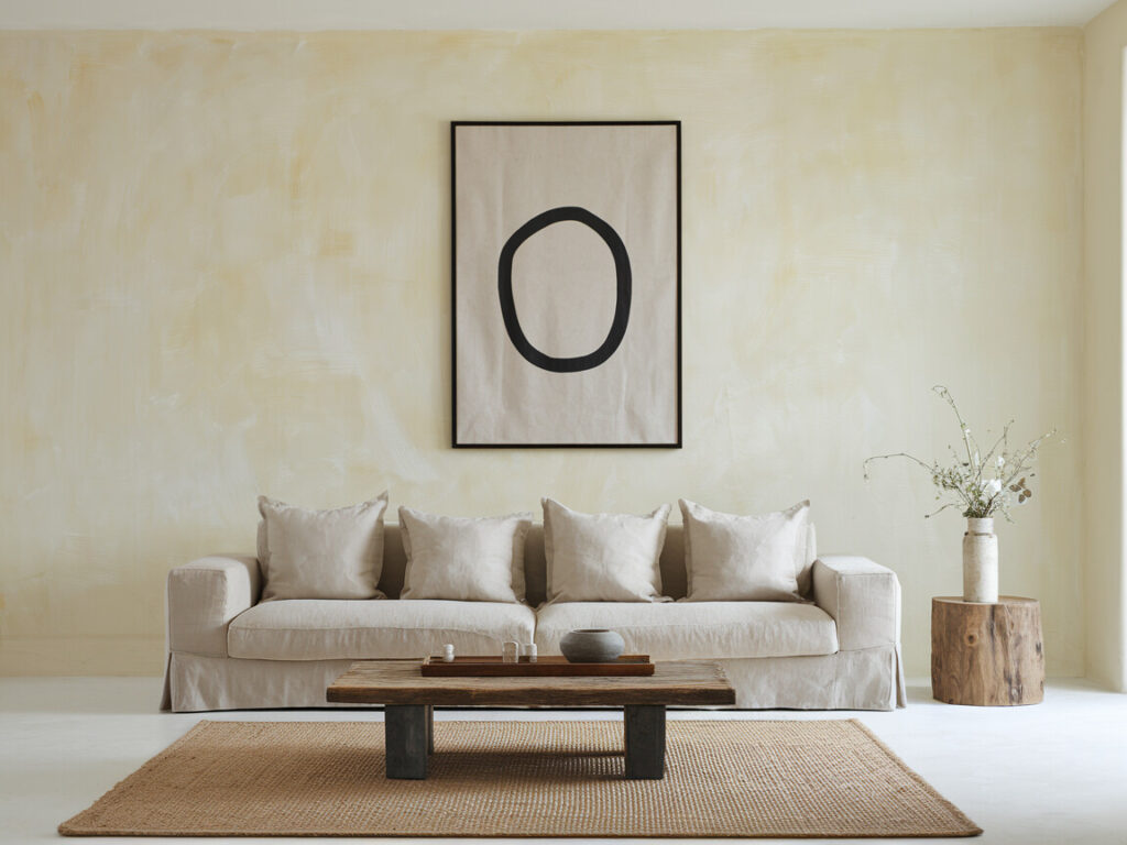 Japandi style living room with a low-slung linen sofa in a soft beige, creamy off-white walls, and an abstract art hanging on the wall