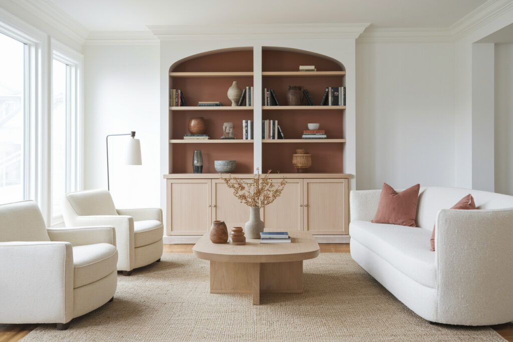 Japandi style living room with built-in shelving and muted terracotta accents, light color couch and armchairs