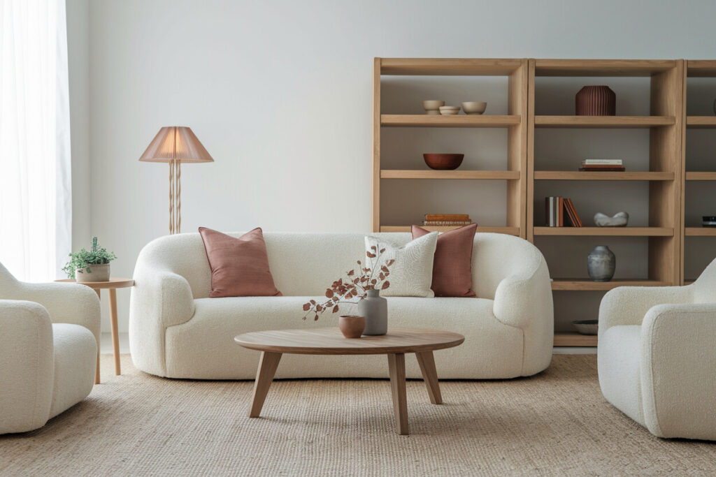 Japandi style living room with wooden shelving unit, light color curved couch and armchairs, muted terracotta accent pillows
