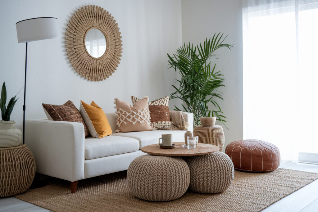 light bohemian style living room with a light couch, textured pillows, and leather pouf