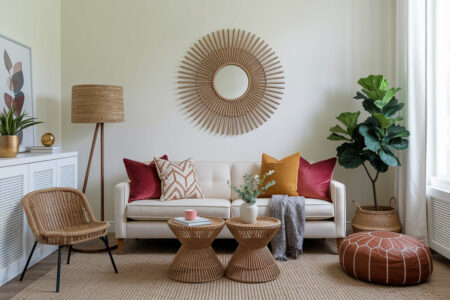light bohemian style living room with deep color pillows