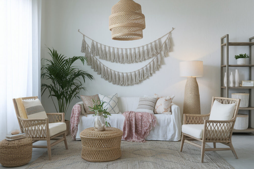 light boho living room with rattan furniture and natural textiles