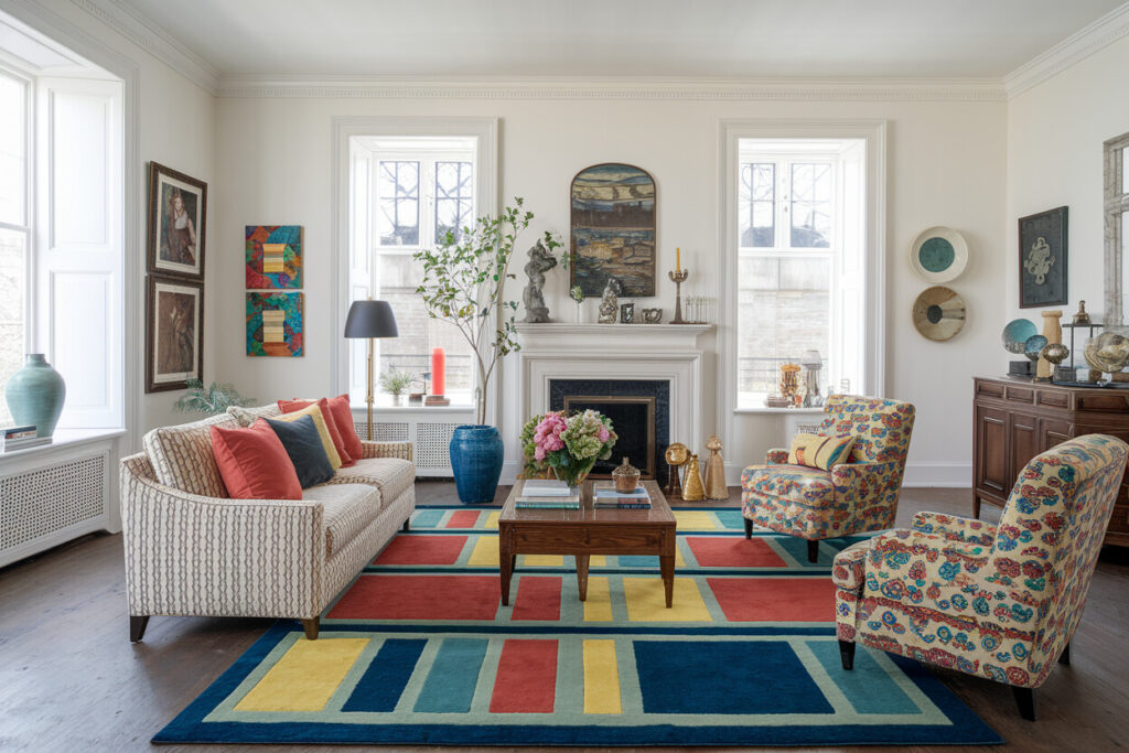 light eclectic living room with white walls, fireplace, colorful area rug, and wooden coffee table