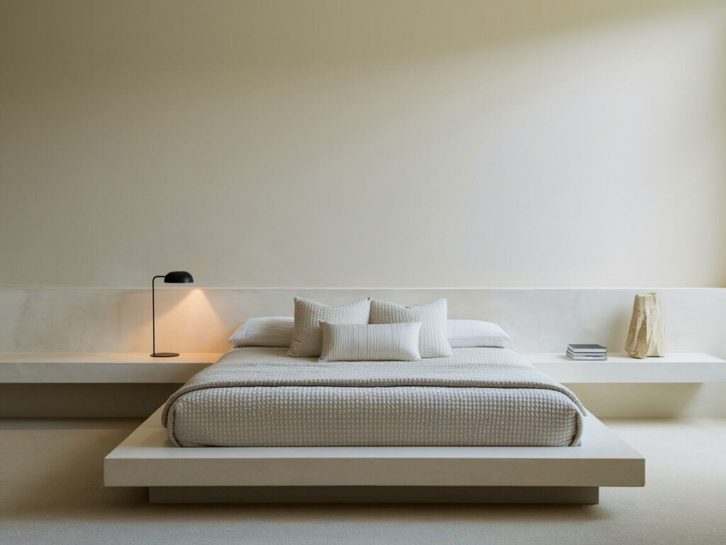 light minimalist bedroom with low-profile platform bed, floating shelves as nightstands, and a black lamp