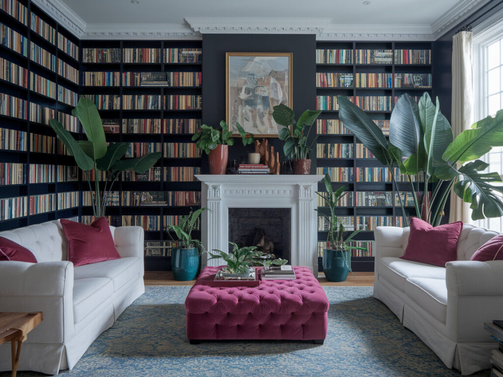 maximalist style living room with black floor-to-ceiling bookshelves, plush tufted velvet ottoman sits in the center, cream color couches