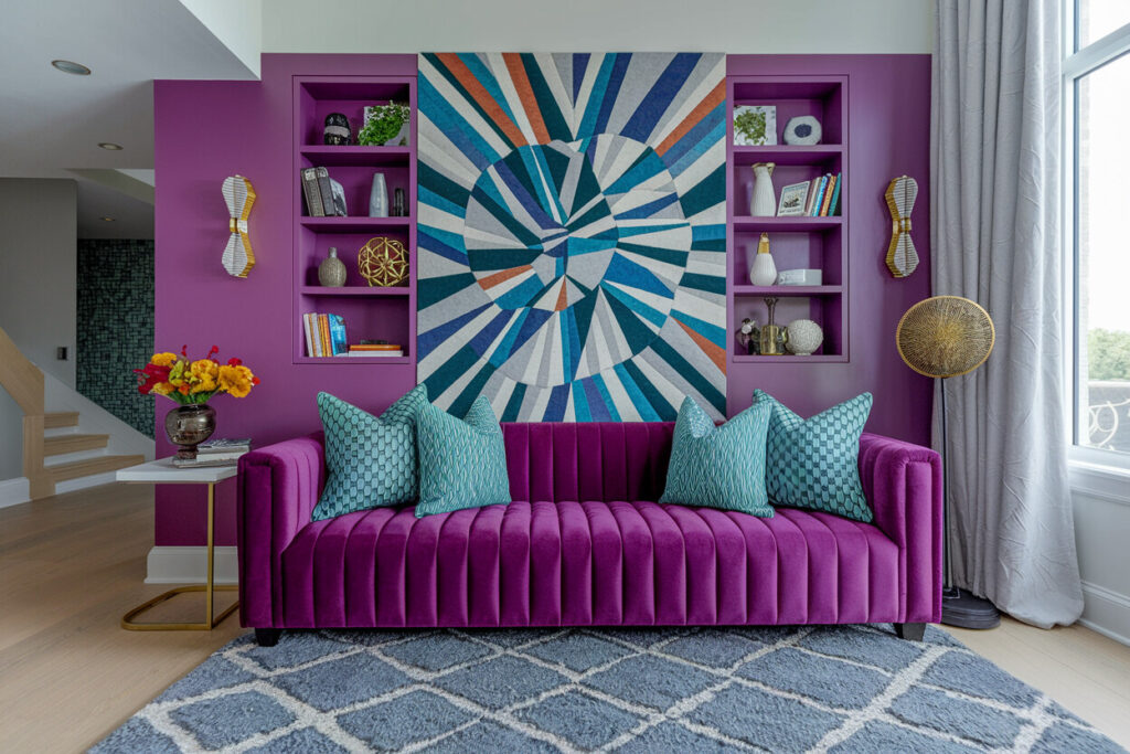 maximalist style living room with purple channel tufted velvet couch and light blue pillows, abstract artwork