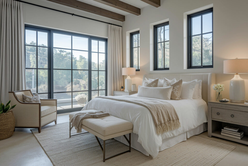 Mediterranean style bedroom with black windows, exposed ceiling beams, neutral furniture, white ceramic table lamps