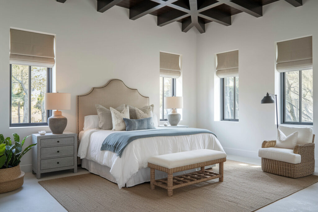 Mediterranean style bedroom with white walls, exposed ceiling beams, linen window shades, muted blue throw blanket and accent pillow