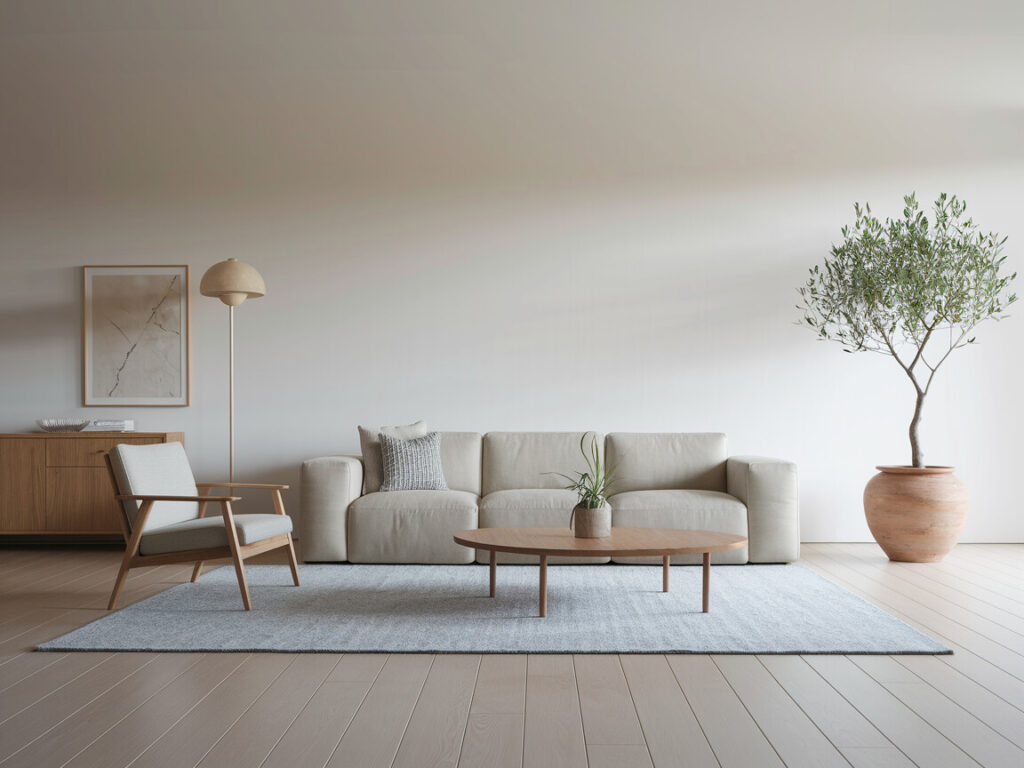 neutral minimalist living room with Scandinavian elements, light wood floors, a soft gray rug, olive tree in a clay pot