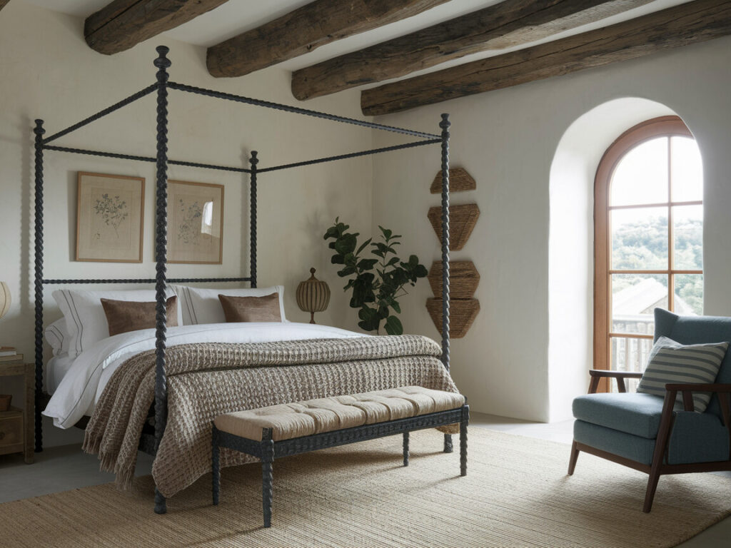 rustic style bedroom with a canopy bed made of dark iron, arch window, and an armchair with muted blue cushions