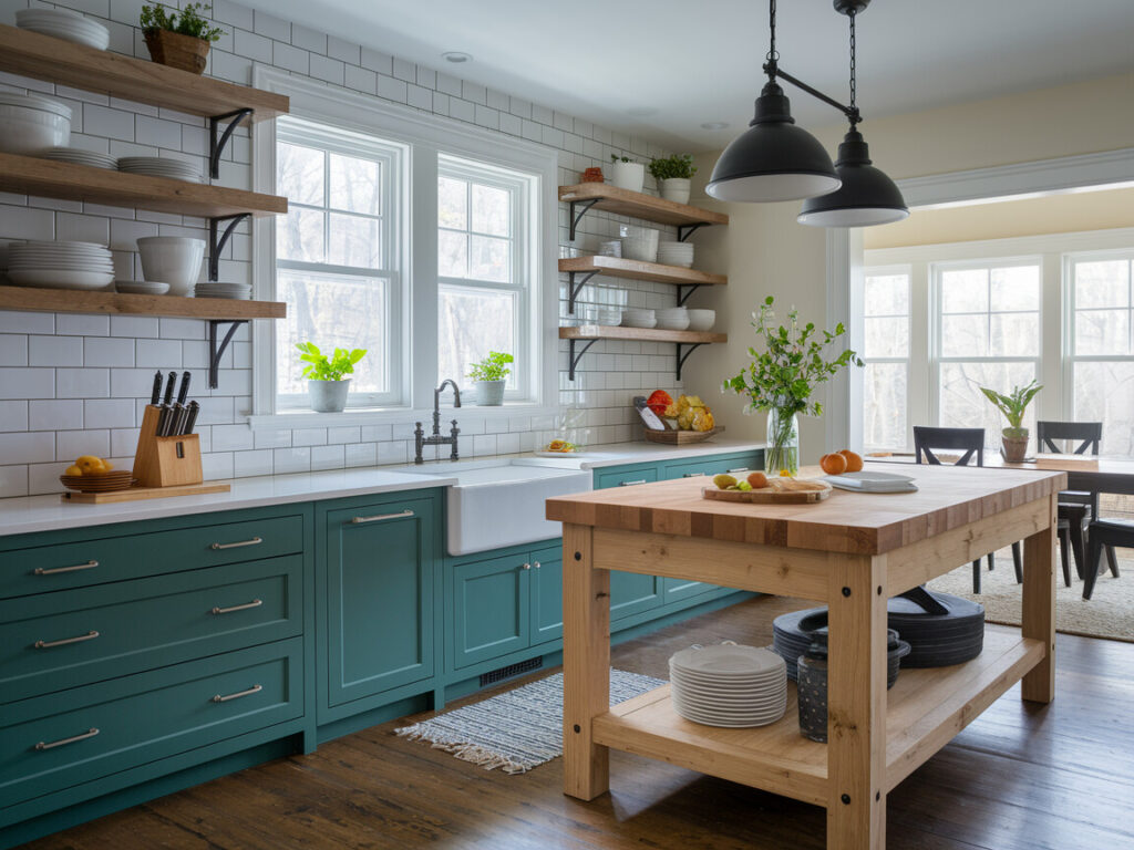 rustic style kitchen with an apron-front sink, open wooden shelving, black metal pendant lights, and a heavy butcher block island