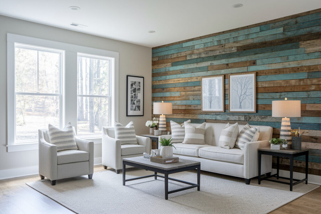 rustic style living room with a modern sofa and a reclaimed wood accent wall