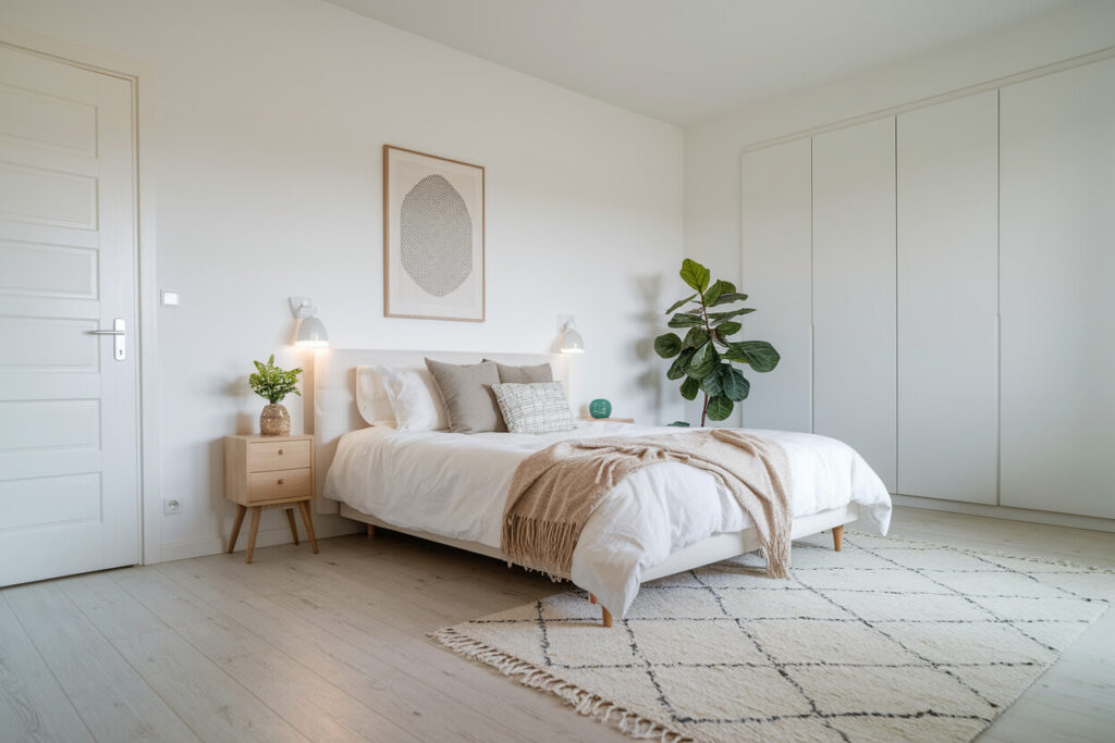 Scandinavian bedroom with a white handleless built-in wardrobe and lightwood flooring