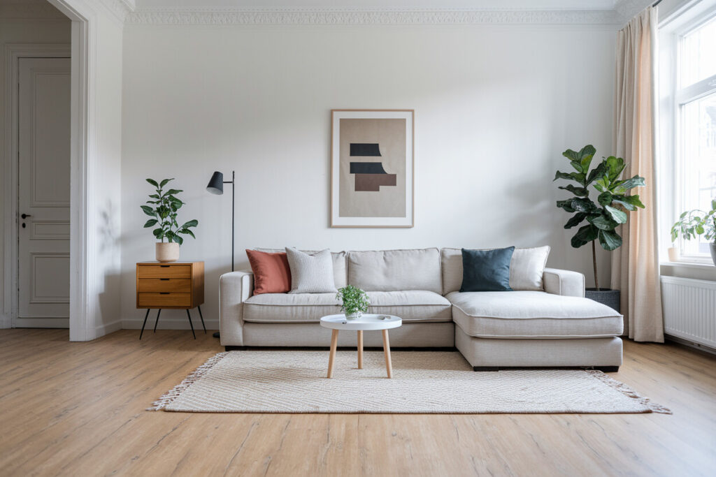 Scandinavian living room with a gray sectional sofa, black floor lamp, and white walls