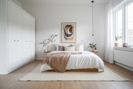 Scandinavian style bedroom with white walls and wardrobe, abstract print, and a single glass pendant light