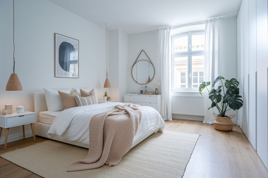 Scandinavian style bedroom with white walls, pendant lights, and round mirror above the dresser