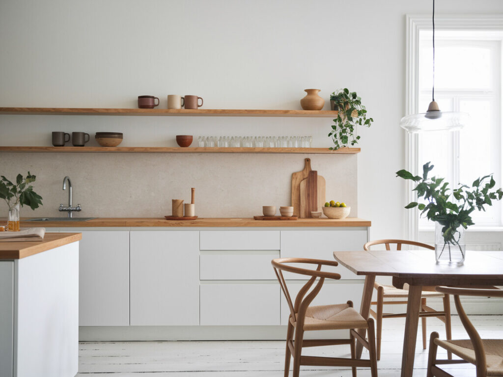Scandinavian style kitchen with white cabinetry, wooden countertops, and open shelving with earthy ceramic mugs
