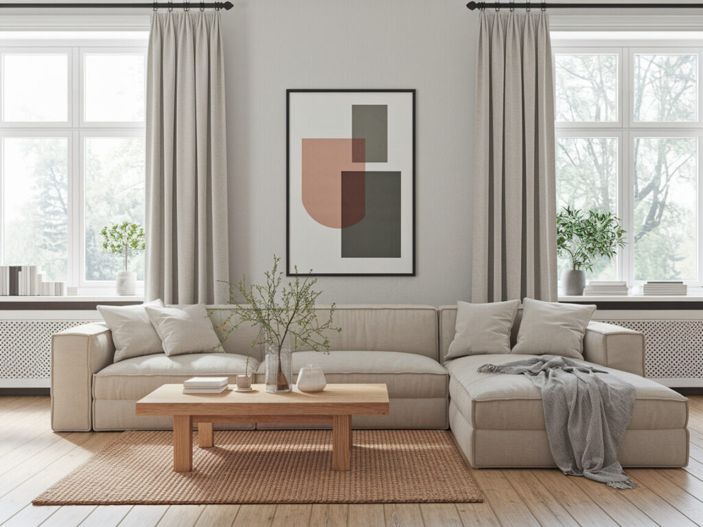 Scandinavian style living room with a neutral sectional sofa, abstract print, and low-profile oak coffee table