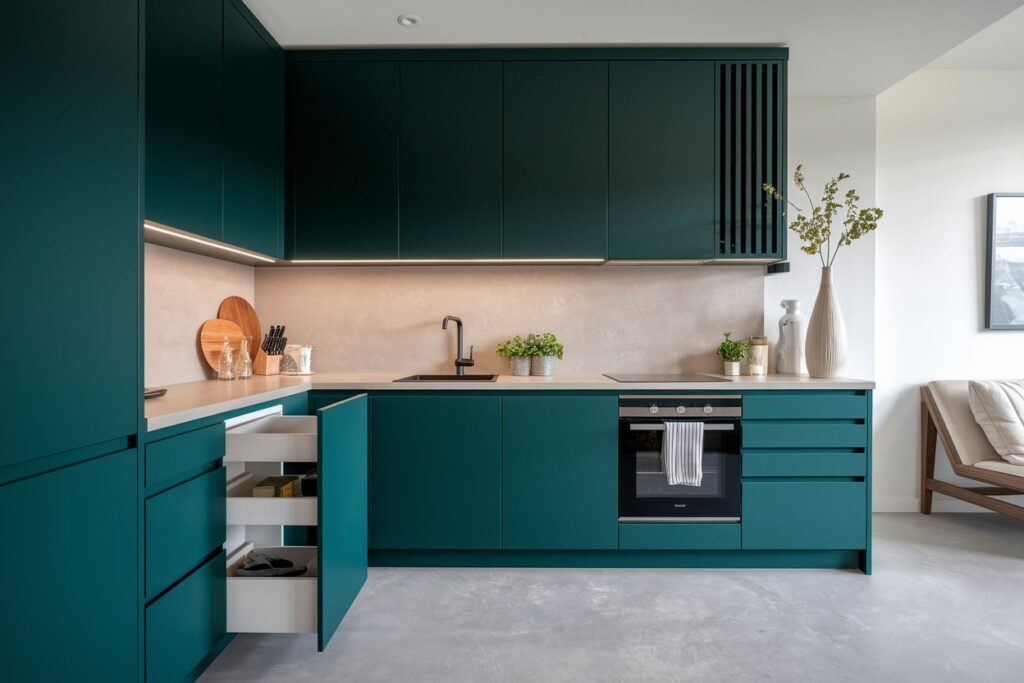 small green corner kitchen with smart storage solutions