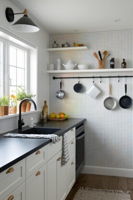 small kitchen has a pegboard wall with hooks for measuring cups, small pots and pans