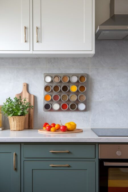 small kitchen with magnetic spice tins on the metal plate on the backsplash