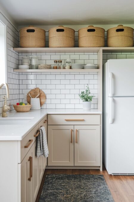 small kitchen with woven baskets for storage above the fridge