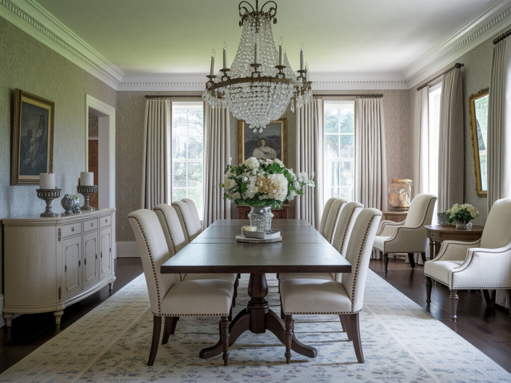 traditional dining room with a long pedestal table, upholstered chairs with nailhead trim, and subtle damask wallpaper