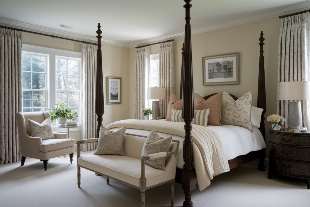 traditional style bedroom has a four-poster bed with a heavy duvet and multiple decorative pillows