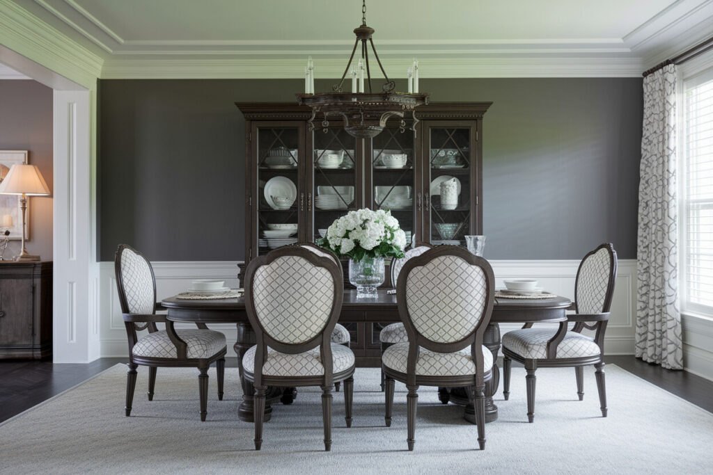 traditional style dining room with gray walls, dark furniture, and upholstered chairs with geometric pattern